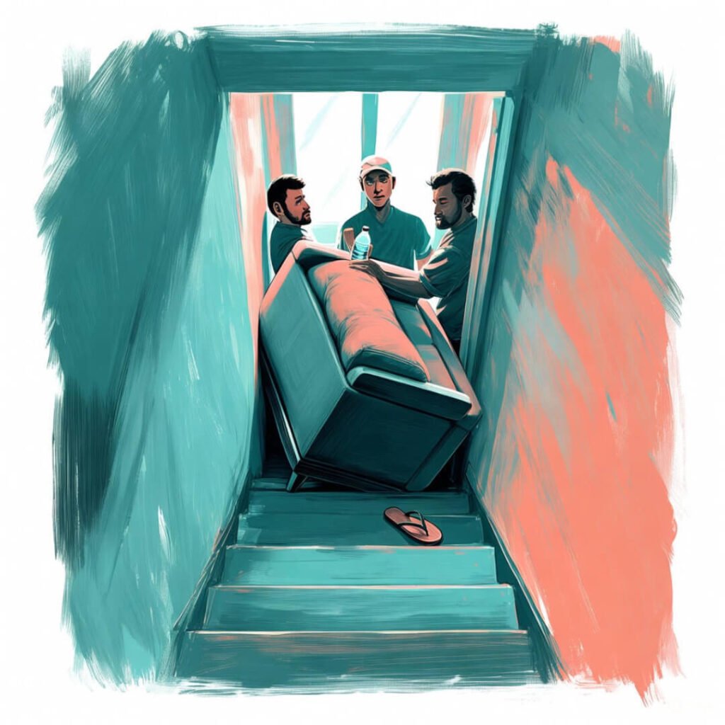 Sofa stuck in stairwell, annoyed delivery guys, me offering water, lone flip-flop.