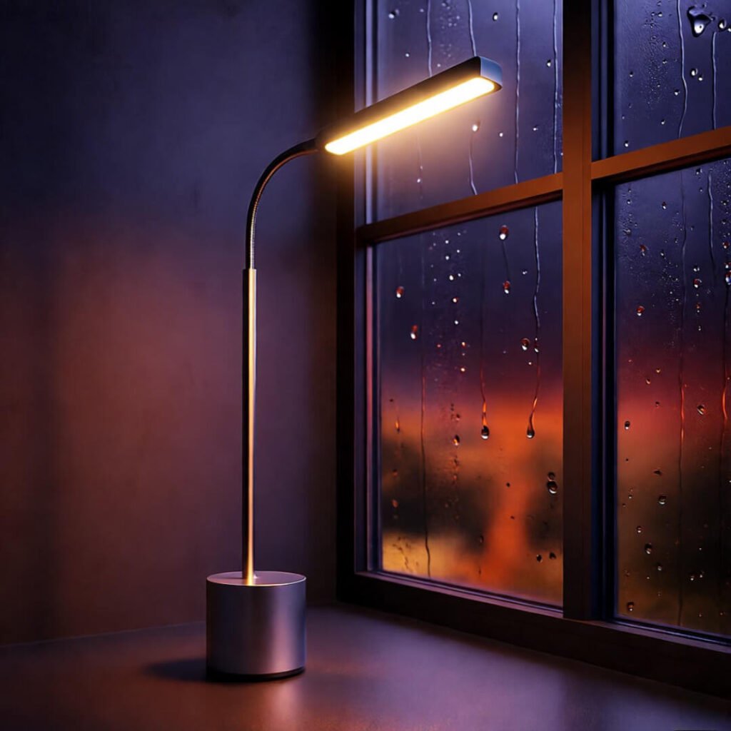 Slim LED lamp by rainy window, whispering secrets, in deep purples and fiery reds.