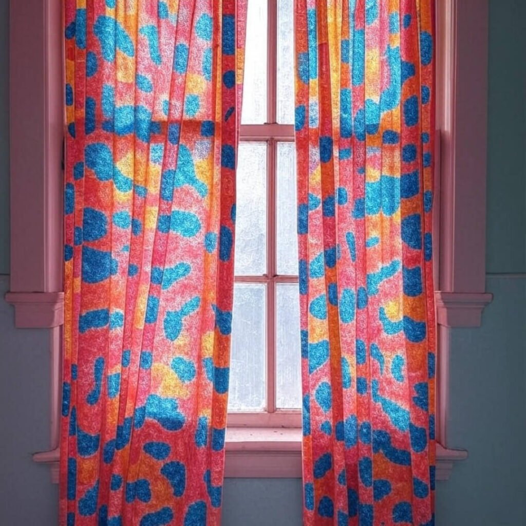 Quirky vintage bathroom window with hideous coral curtain and light.