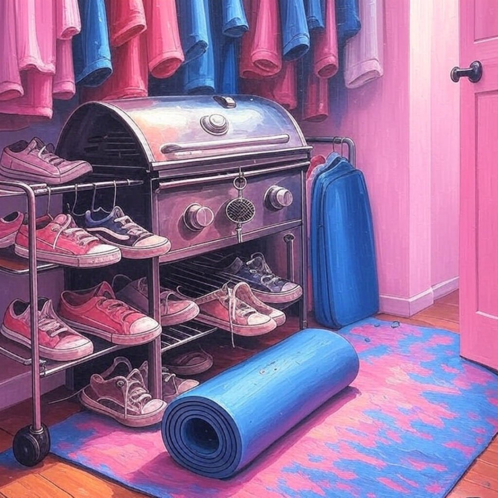 Messy closet with grill, yoga mat, sneakers, quirky keychain in bold colors.