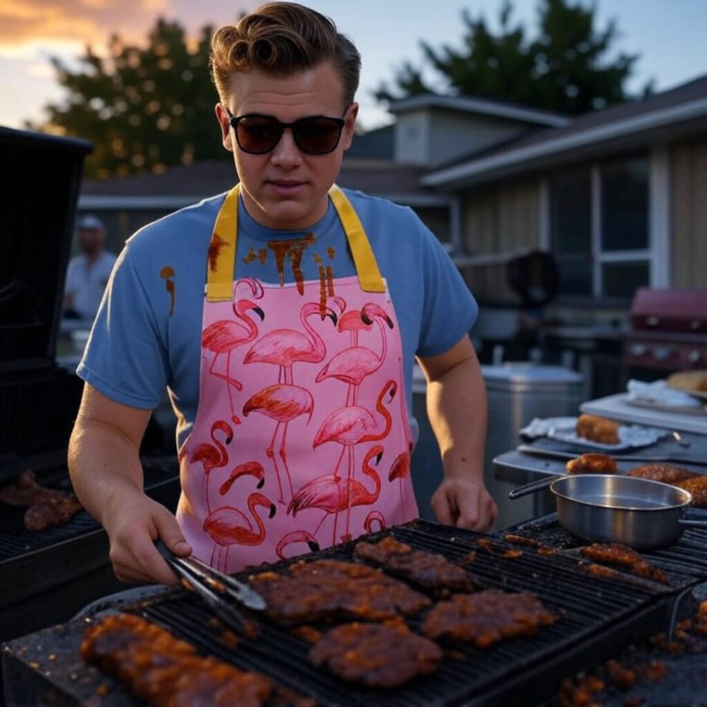Messy BBQ chef with sauce-stained shirt, flamingo apron, grilling steak.