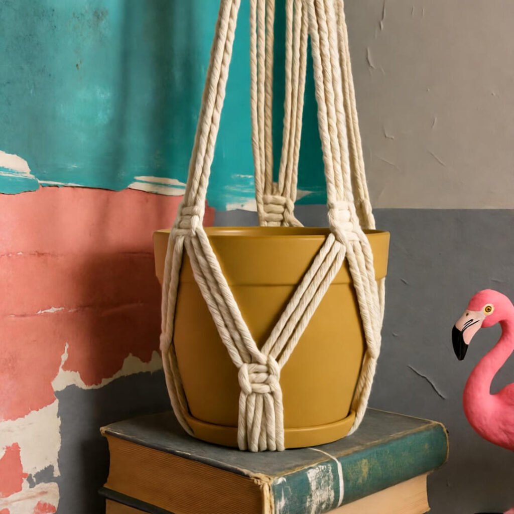 Bright kitchen corner with macramé planter, yellow pot, and flamingo on books.