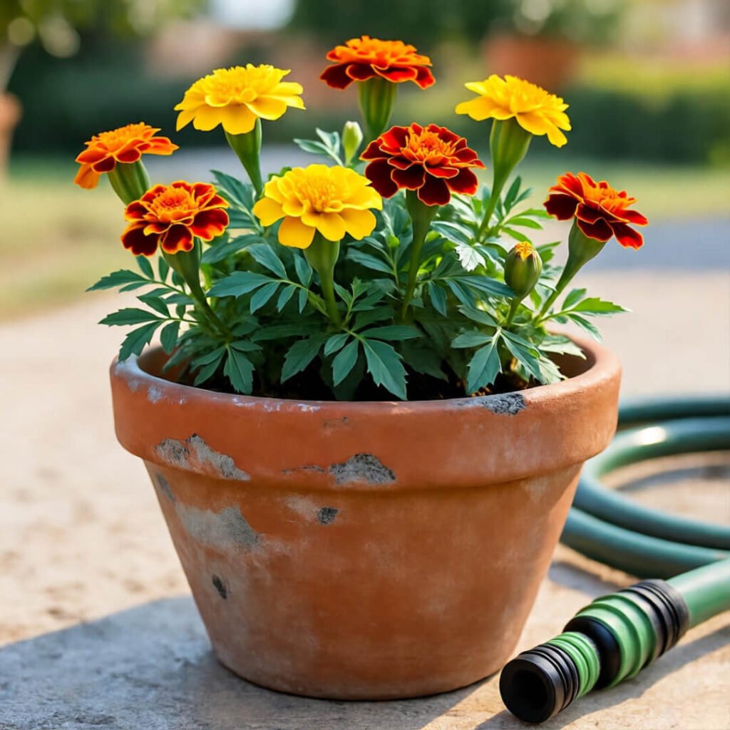 Chipped clay pot with marigolds in sun, tangled hose nearby, backyard scene.
