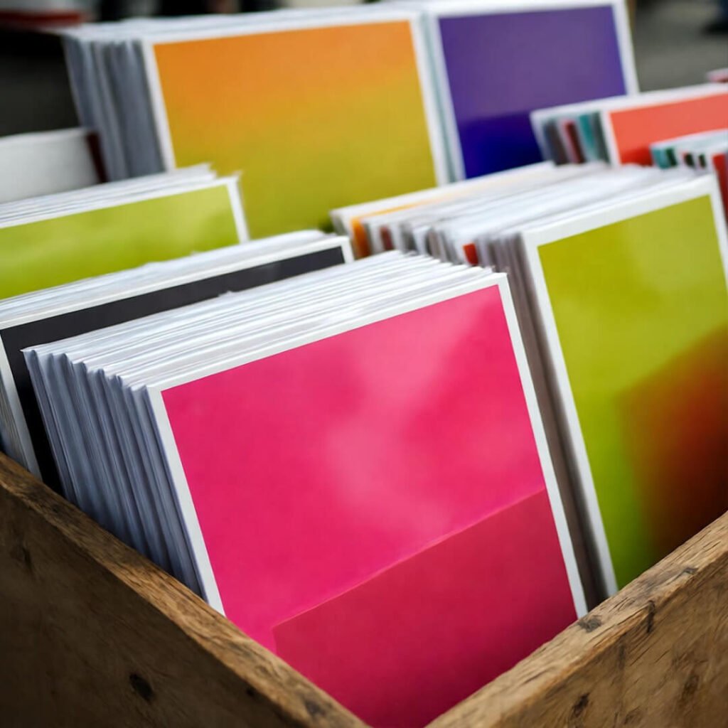 Vibrant flea market stall with piles of hot pink and lime green art prints.
