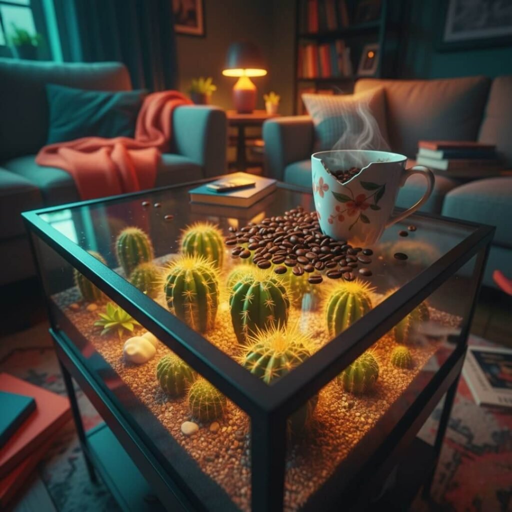 A terrarium coffee table with cacti, a chipped mug, and scattered coffee beans.