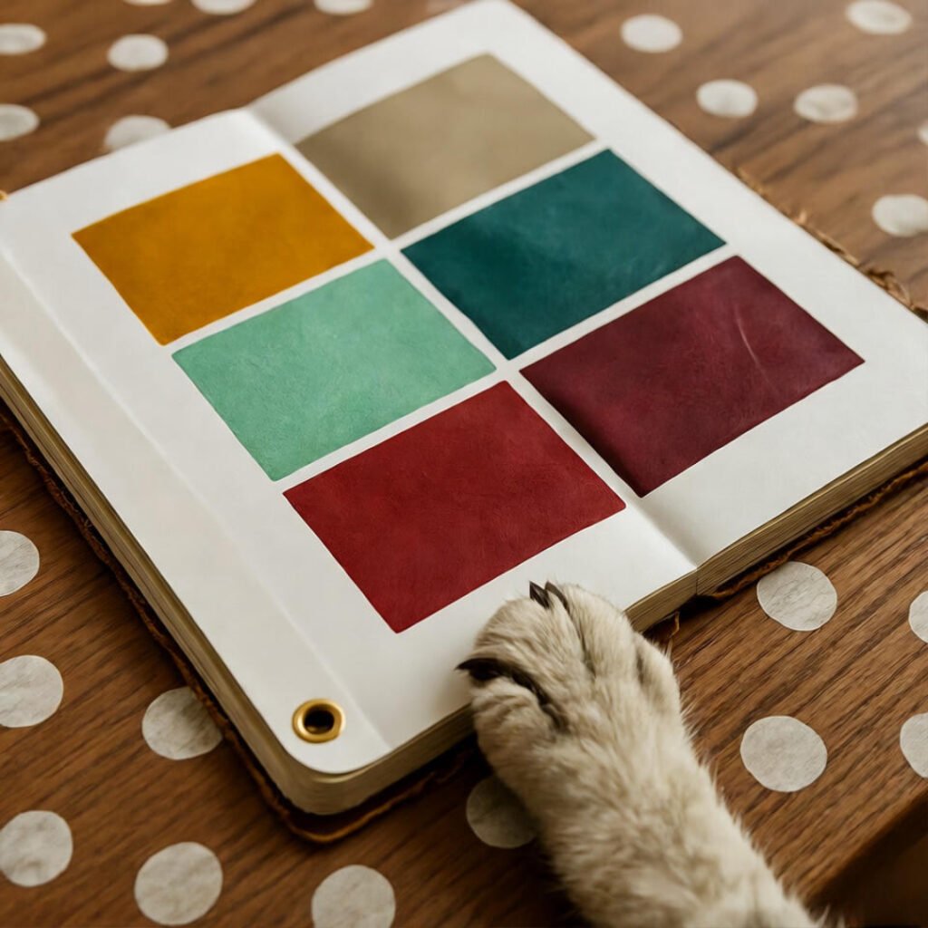 Vintage swatch book on table, cat paw, faint retro polka dots overlay.