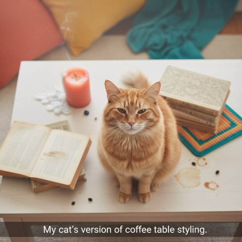 A smug cat sits amidst a messy coffee table with scattered books and a tipped candle.
