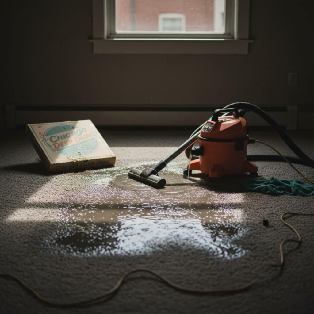 Soggy gray carpet with a tipped vacuum and pizza box.