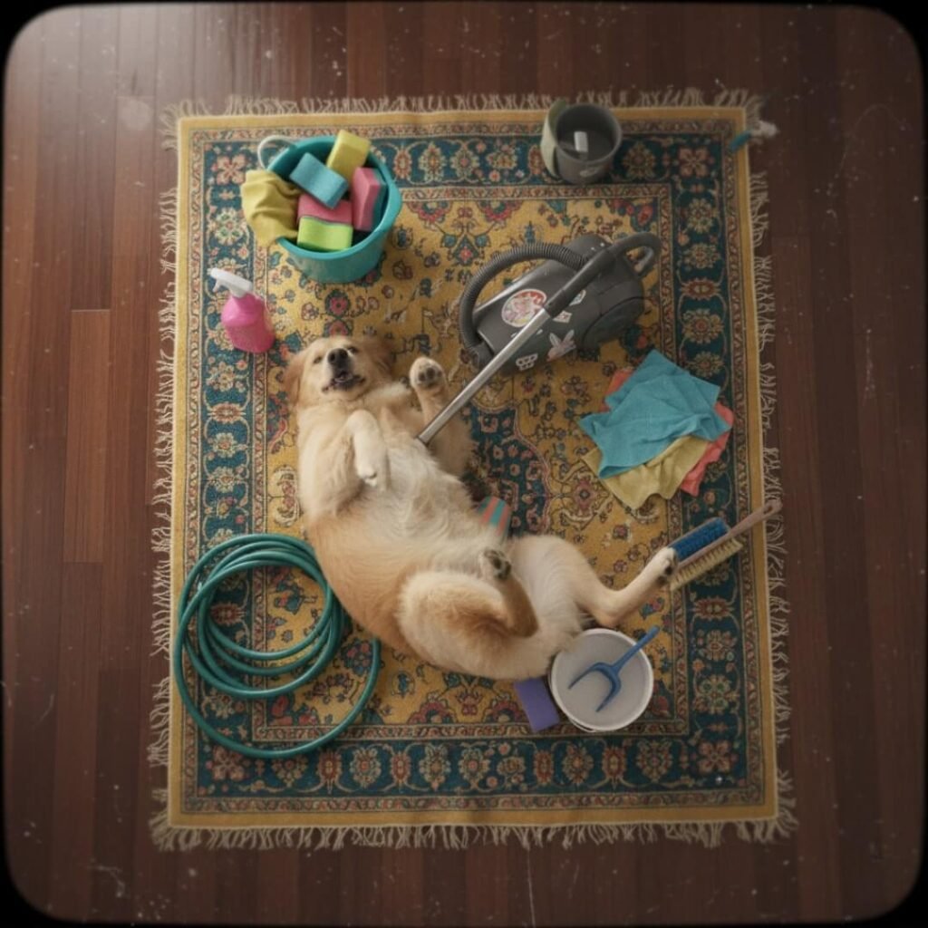 Top-down view of a rug with scattered, colorful cleaning supplies.
