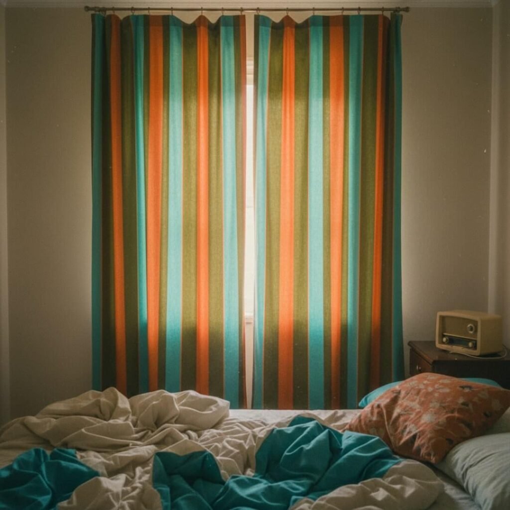 Vintage bedroom with striped curtains, unmade bed, and old radio.