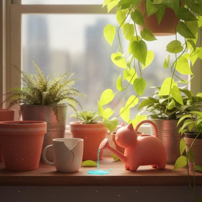 A vibrant, cluttered windowsill with mismatched pots, a droopy fern, and a leaking cat-shaped watering can. A vibrant, cluttered windowsill with mismatched pots, a droopy fern, and a leaking cat-shaped watering can.