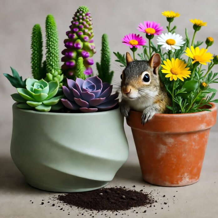 Wobbly planter with succulents, terracotta pot with wildflowers, squirrel peeking, spilled coffee grounds. Wobbly planter with succulents, terracotta pot with wildflowers, squirrel peeking, spilled coffee grounds.